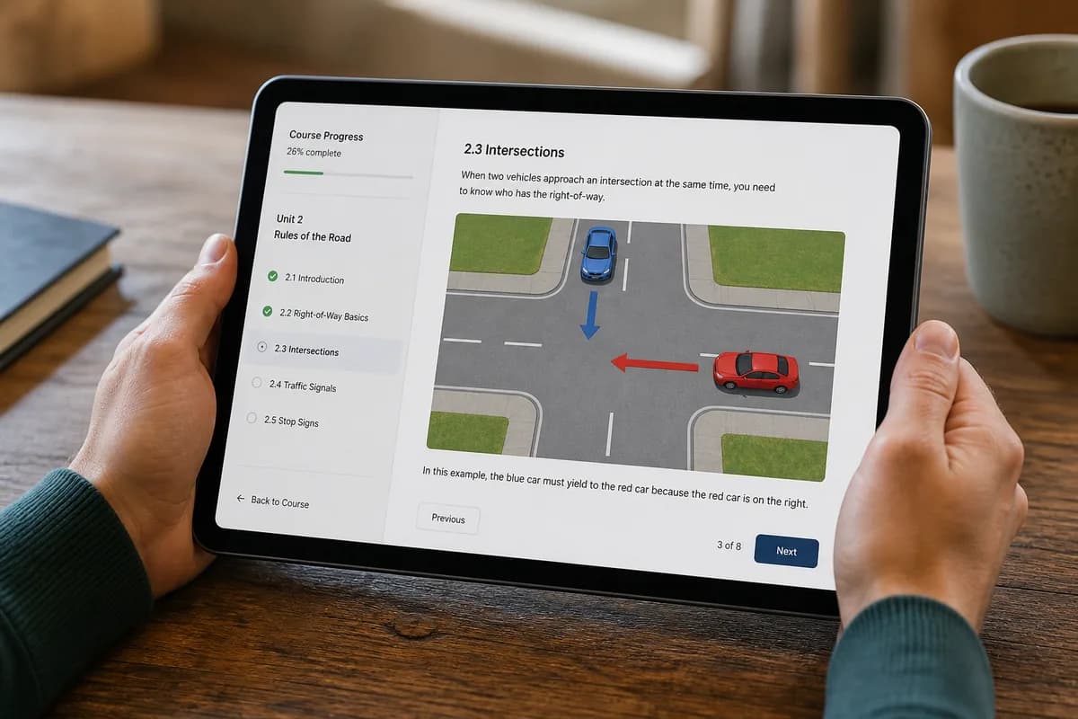 Student completing an online Texas driver education lesson on a tablet